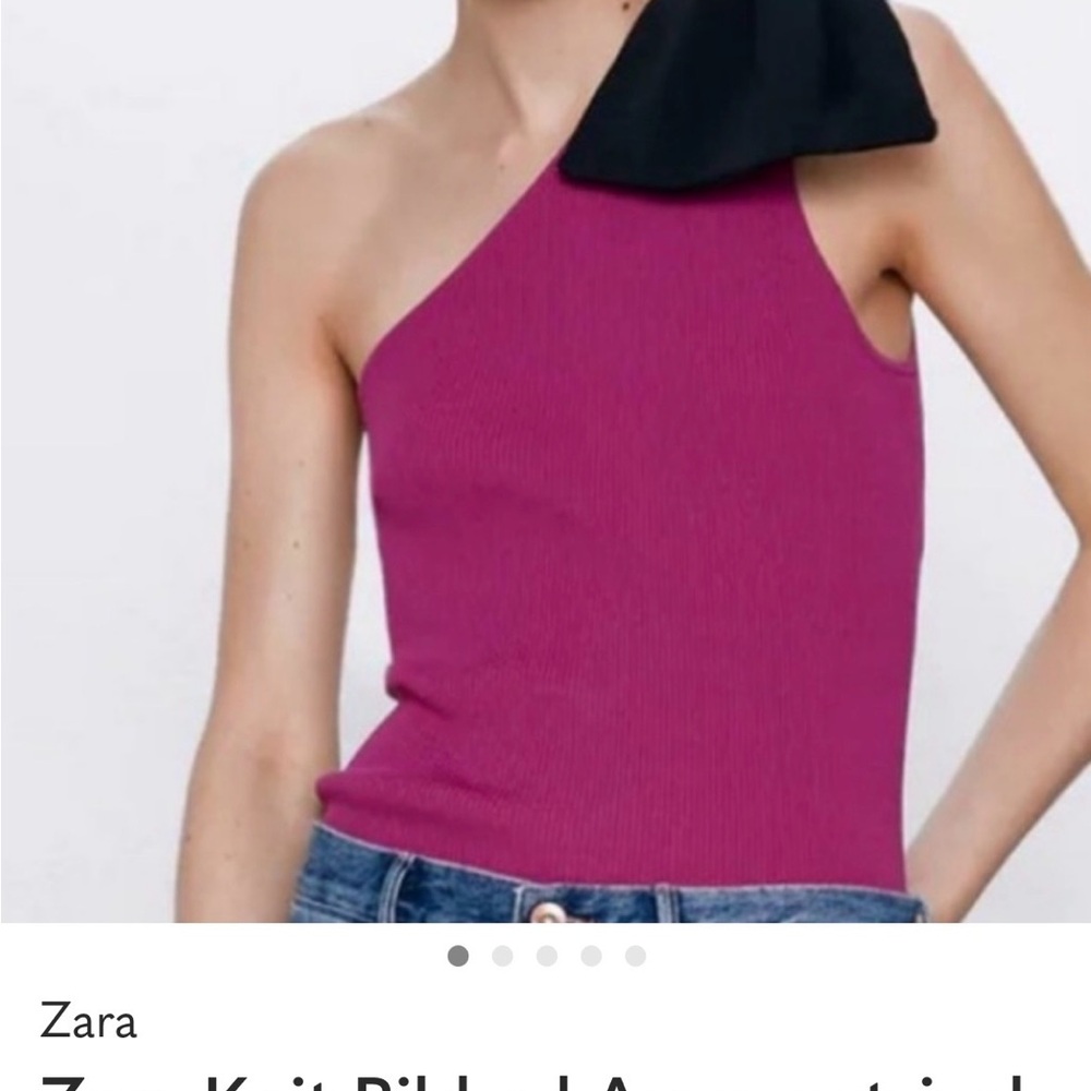 Zara One-Shoulder Ribbed Tank with Black Bow - Magenta